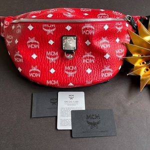 Mcm red large monogram vistetos fursten belt bag